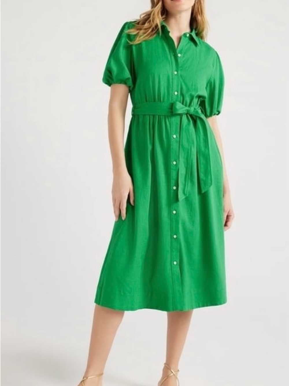 Green Button-Front Shirt Dress with Tie Waist